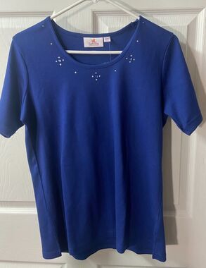 NWT Quacker Factory T-Shirt Royal Blue embellished Womens Small Short Sleeves